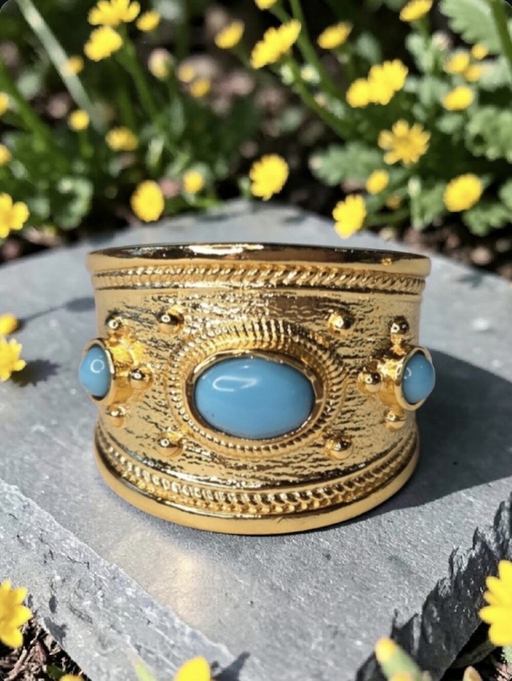 18k Gold Plated Artisan Byzantine Genuine Turquoise Cabochon Wide Band Ring